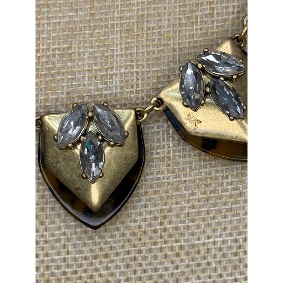 J.Crew Statement Necklace Gold & Black Leaf Design W/ Clear Rhinestones Adjustab - Picture 2 of 7